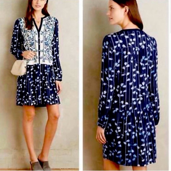 Anthropologie Tiny Floral Navy & White Midi Dress with Embroidered Bodice Boho - Picture 4 of 4
